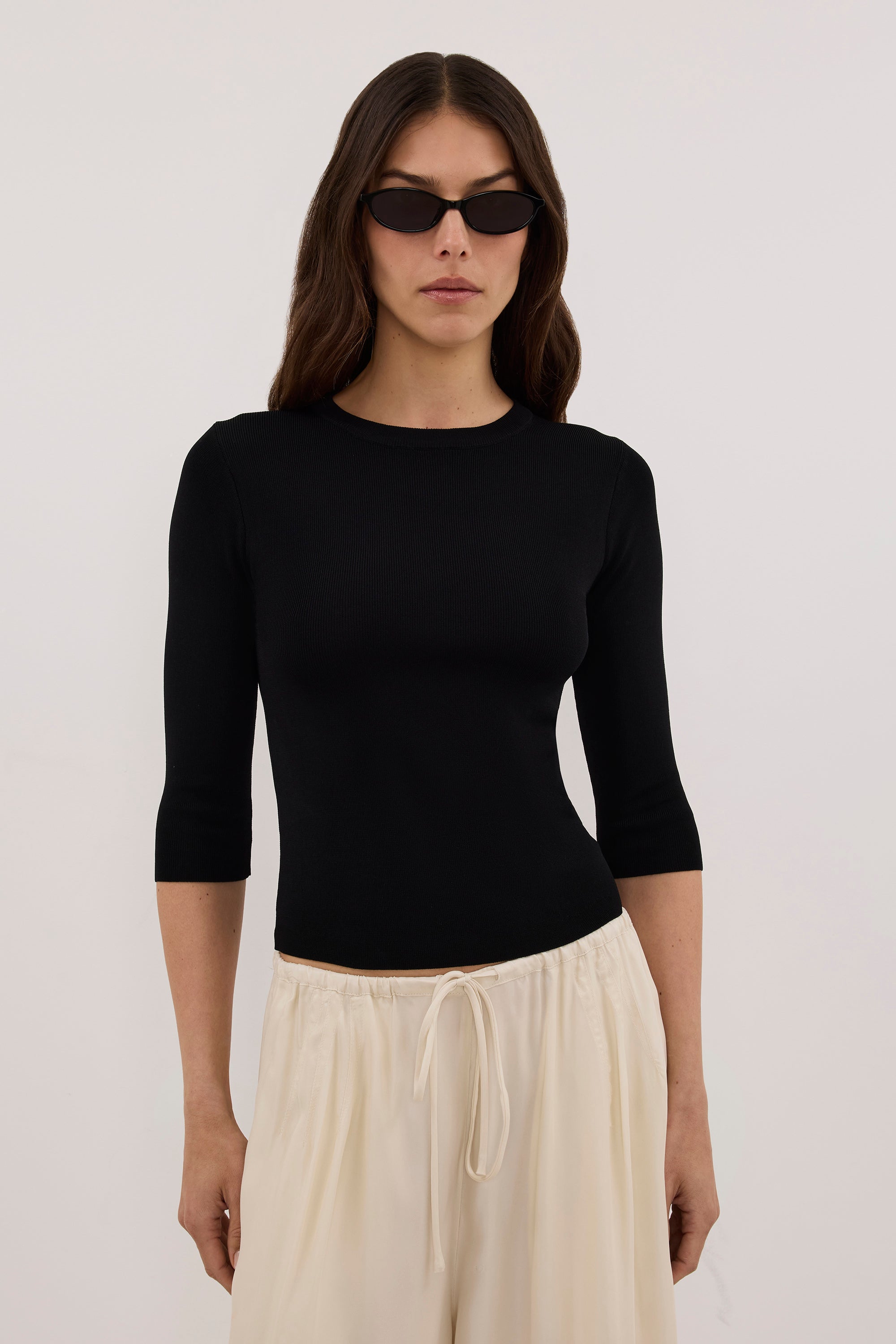 SILVIA BLACK 3/4 SLEEVE KNIT TEE