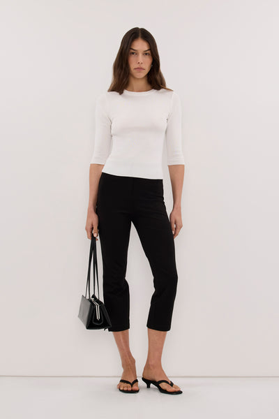 Helena  wearing SILVIA WHITE 3/4 SLEEVE KNIT TEE