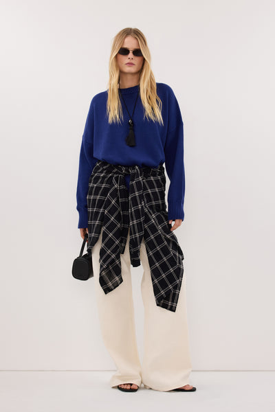 Zoe wearing CECILIA COBALT CREW NECK JUMPER