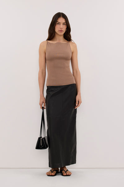 Helena  wearing VIREYA CAMEL BOAT NECK KNIT TOP