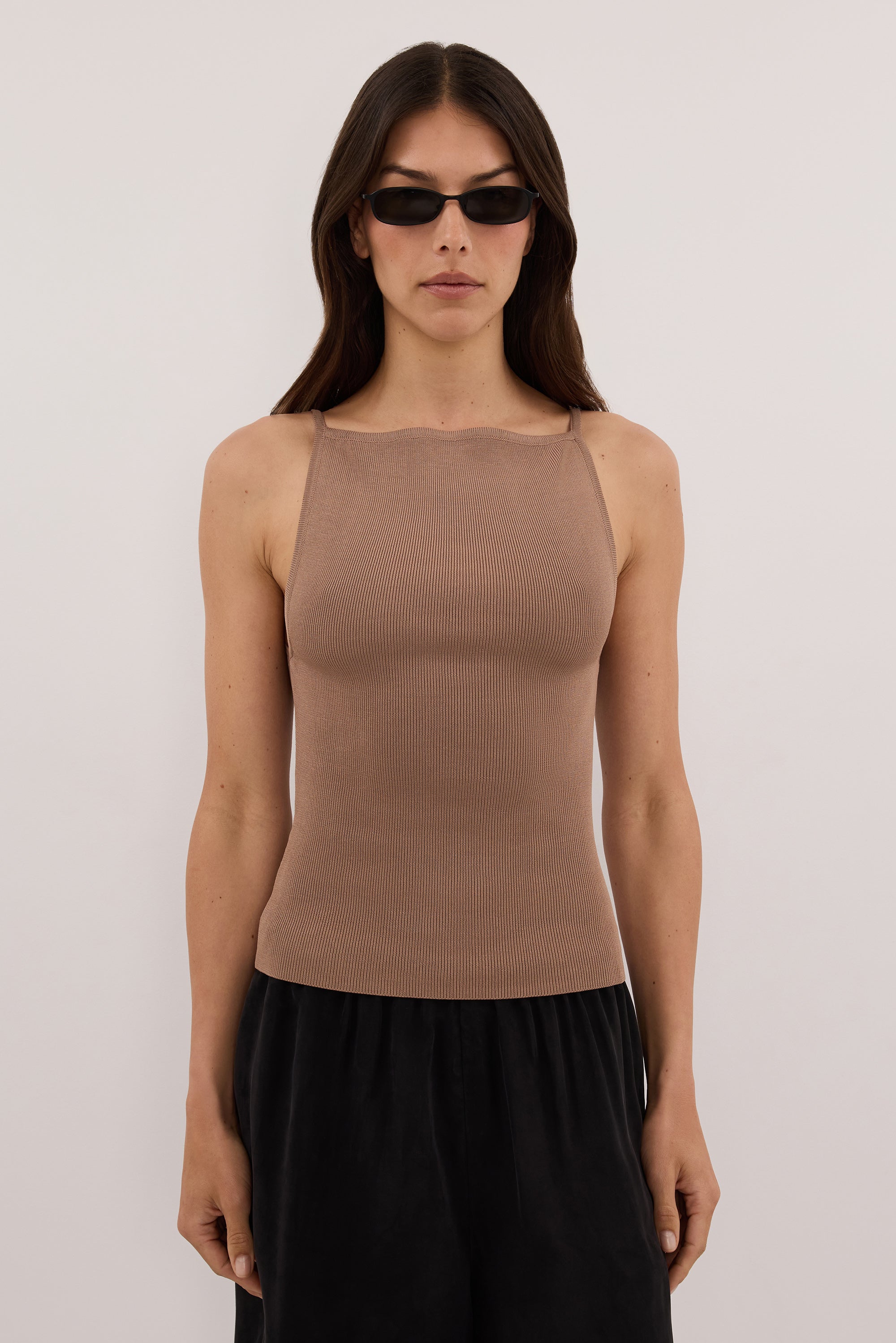 VIREYA CAMEL BOAT NECK KNIT TOP