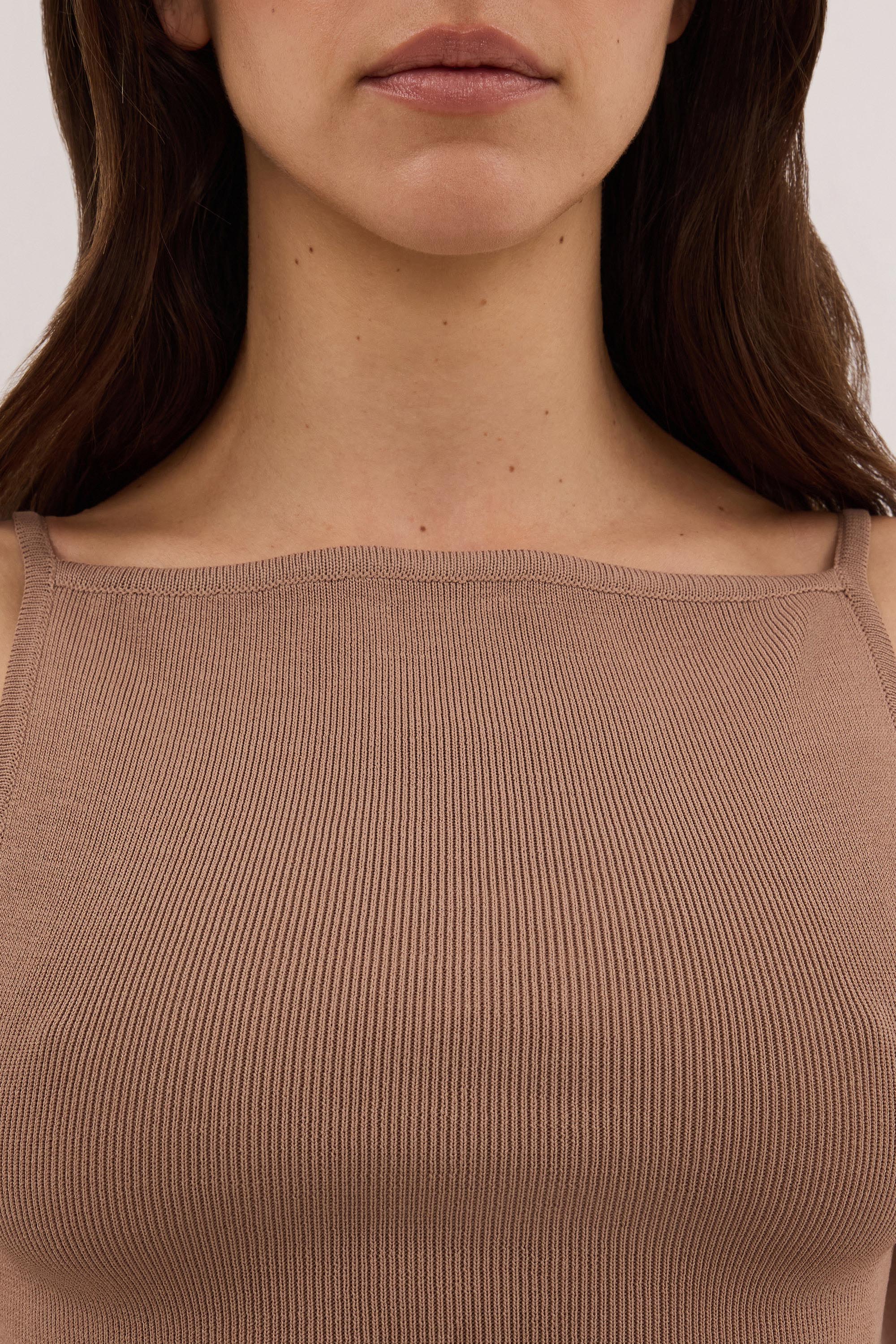 VIREYA CAMEL BOAT NECK KNIT TOP