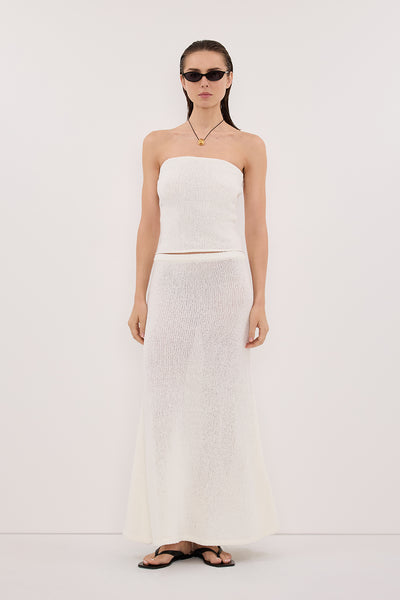 Stas wearing ALTHEA OFF WHITE MAXI SKIRT