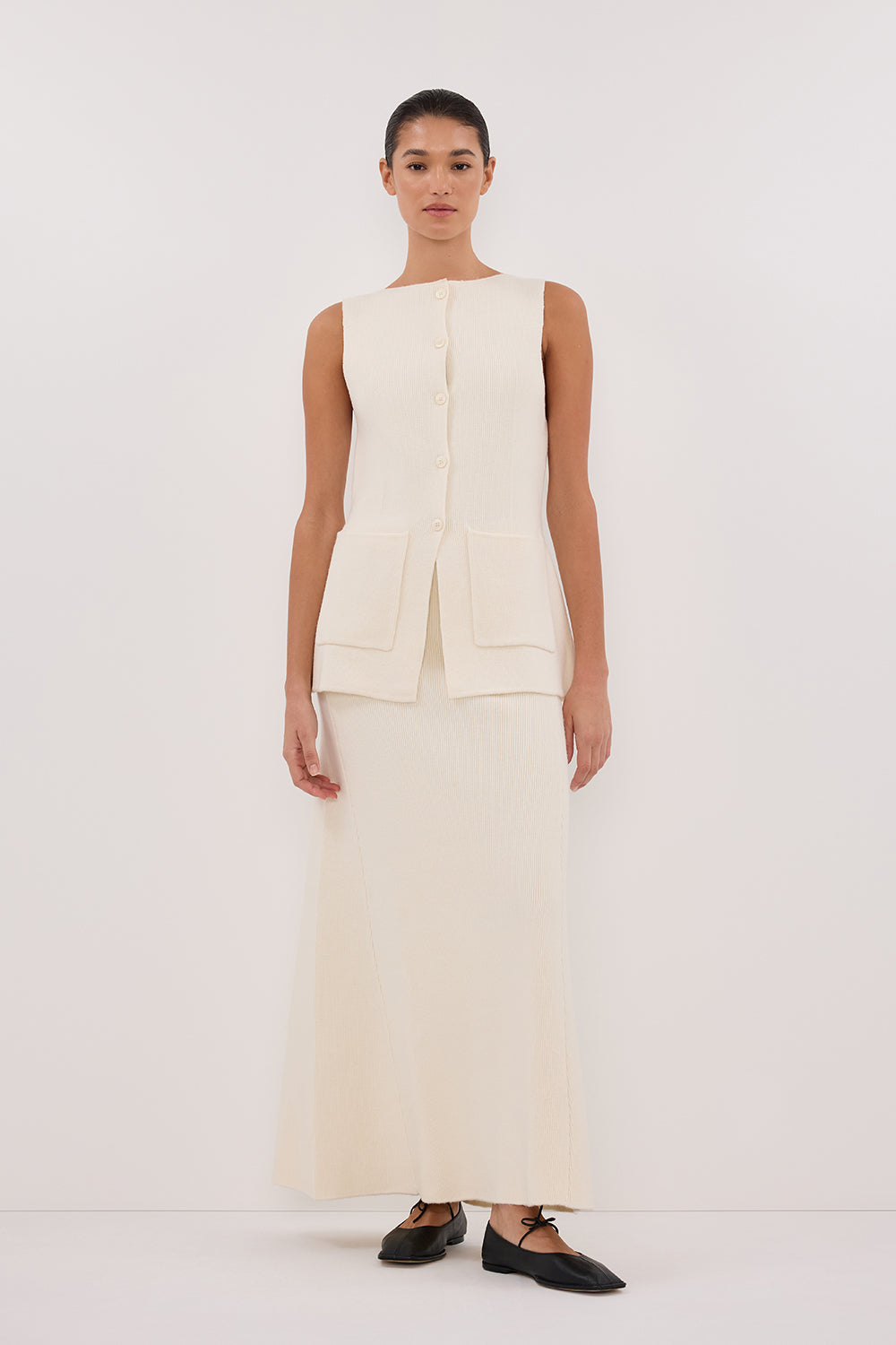AVA CREAM LONGLINE KNIT MIDI SKIRT Clothing DISSH Boutiques 