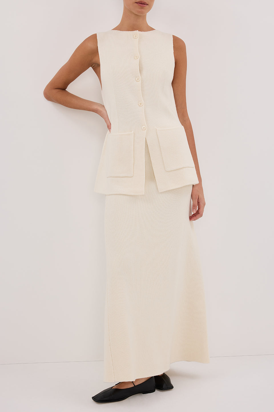 AVA CREAM LONGLINE KNIT MIDI SKIRT Clothing DISSH Boutiques 