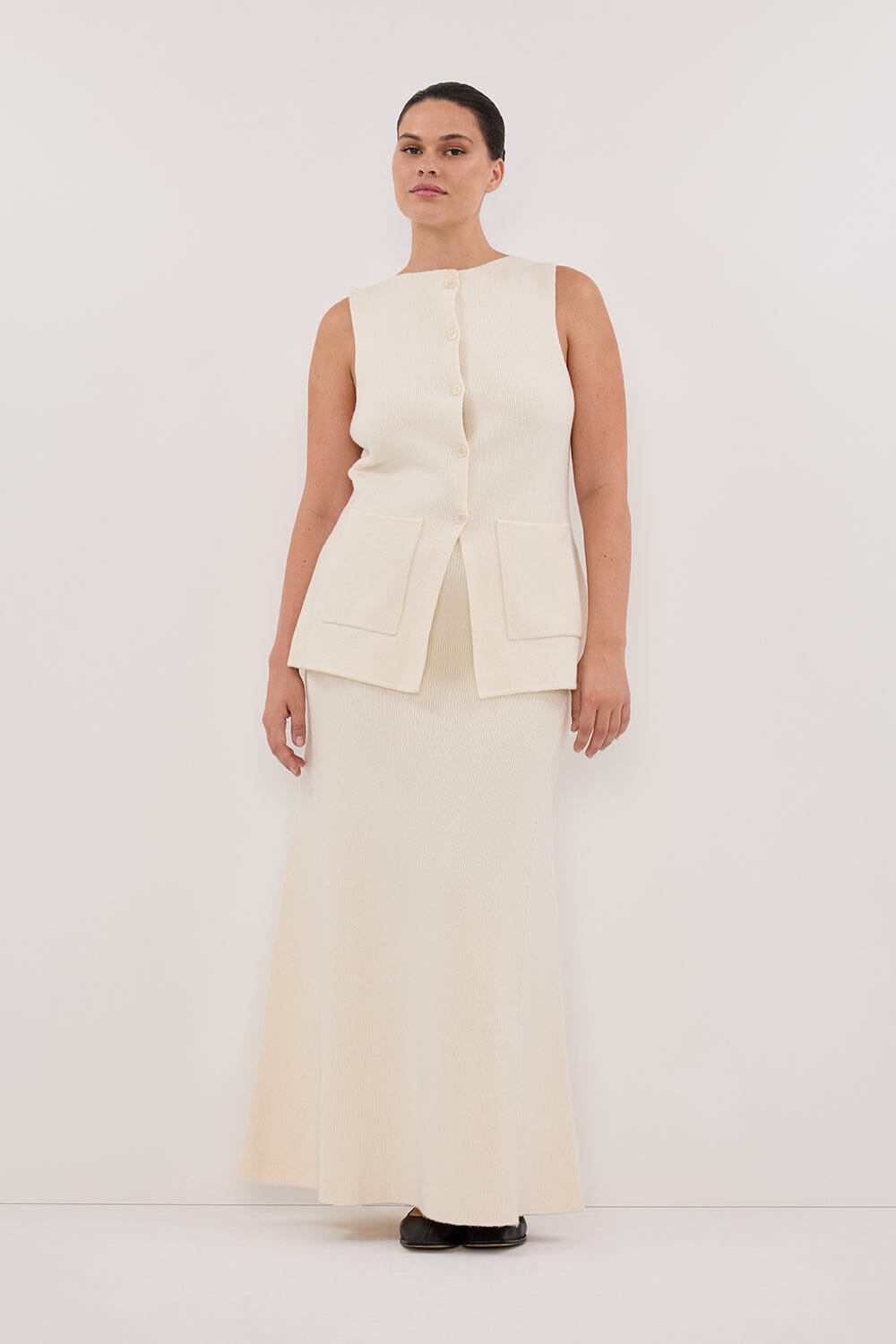 AVA CREAM LONGLINE KNIT MIDI SKIRT Clothing DISSH Boutiques 