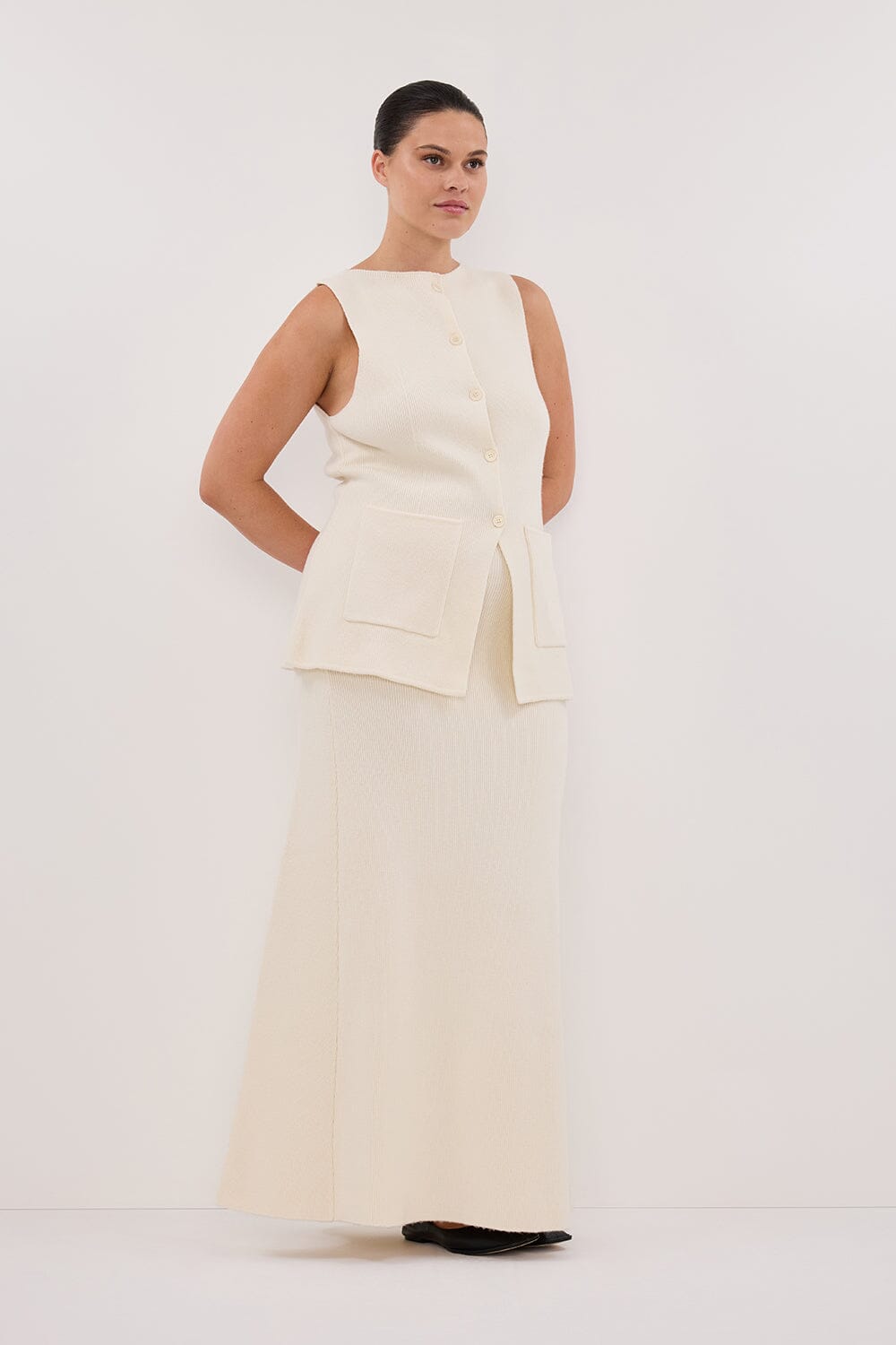 AVA CREAM LONGLINE KNIT MIDI SKIRT Clothing DISSH Boutiques 