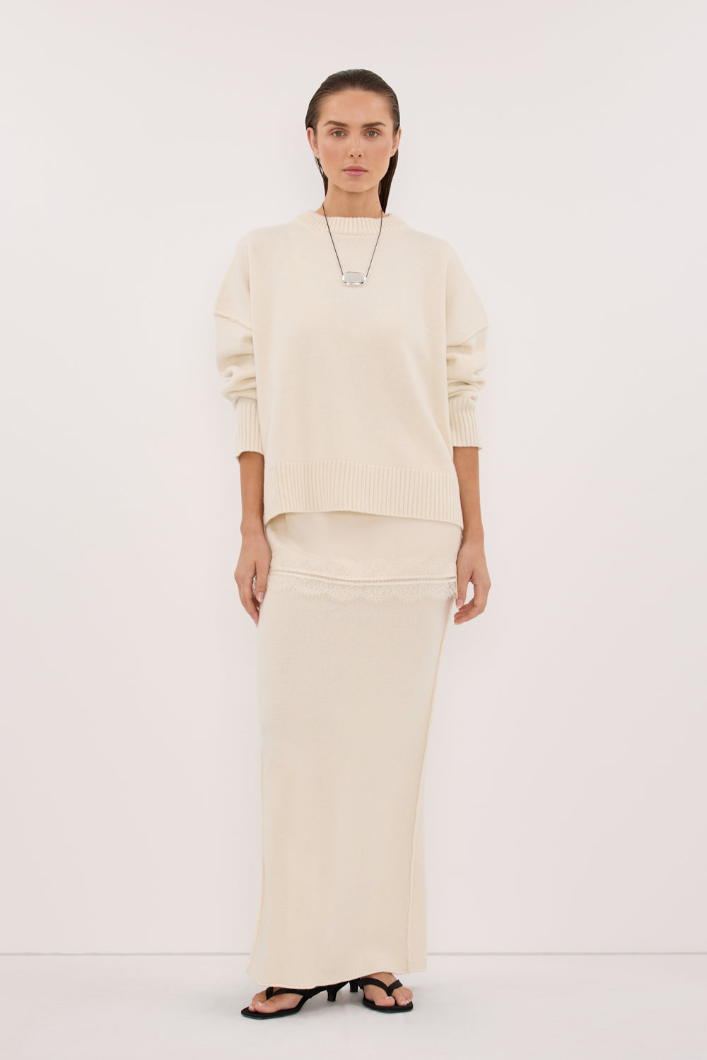 PAIGE CREAM WOOL KNIT MIDI SKIRT