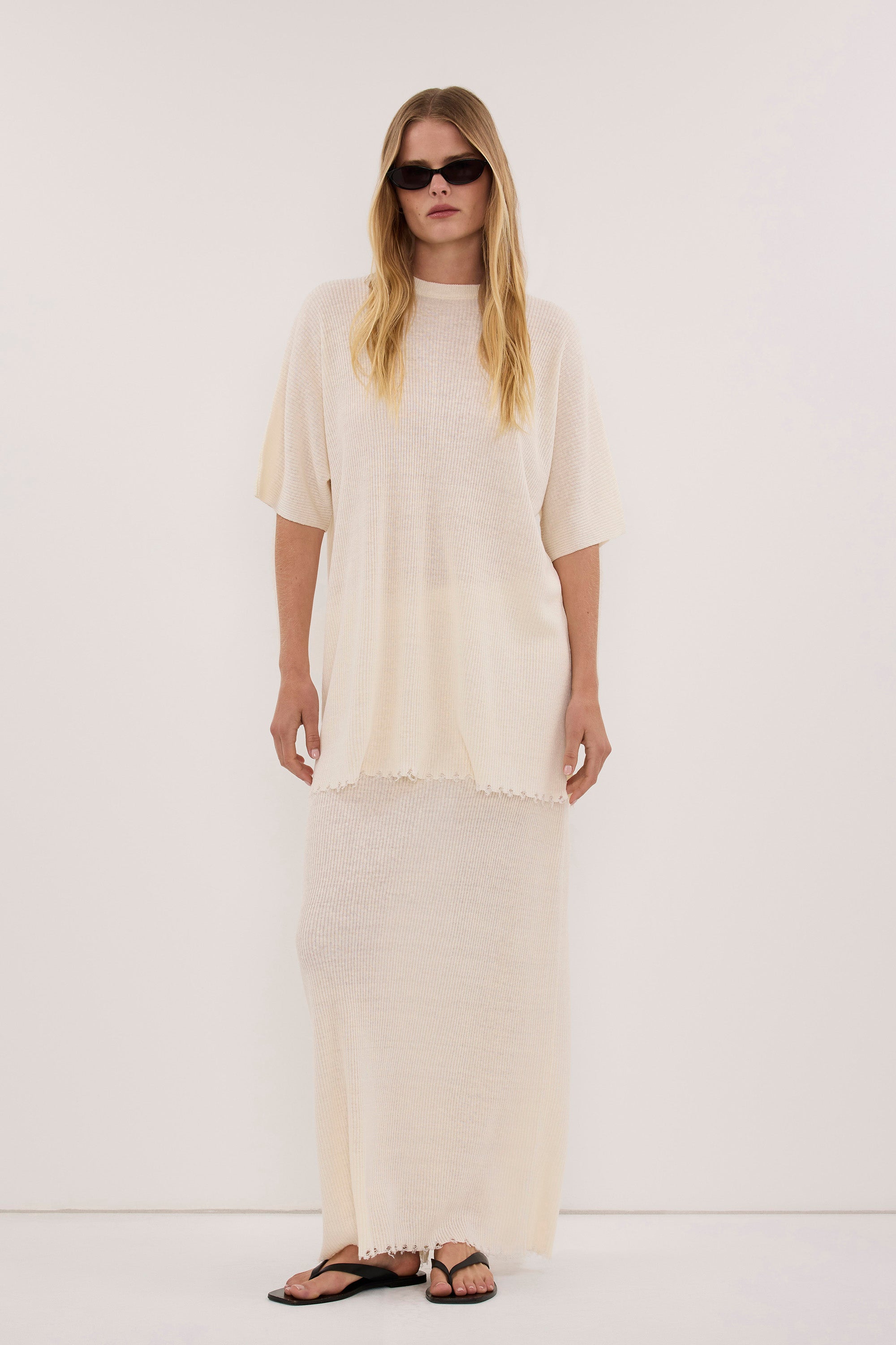 TEAGAN IVORY LINEN COLUMN MIDI SKIRT