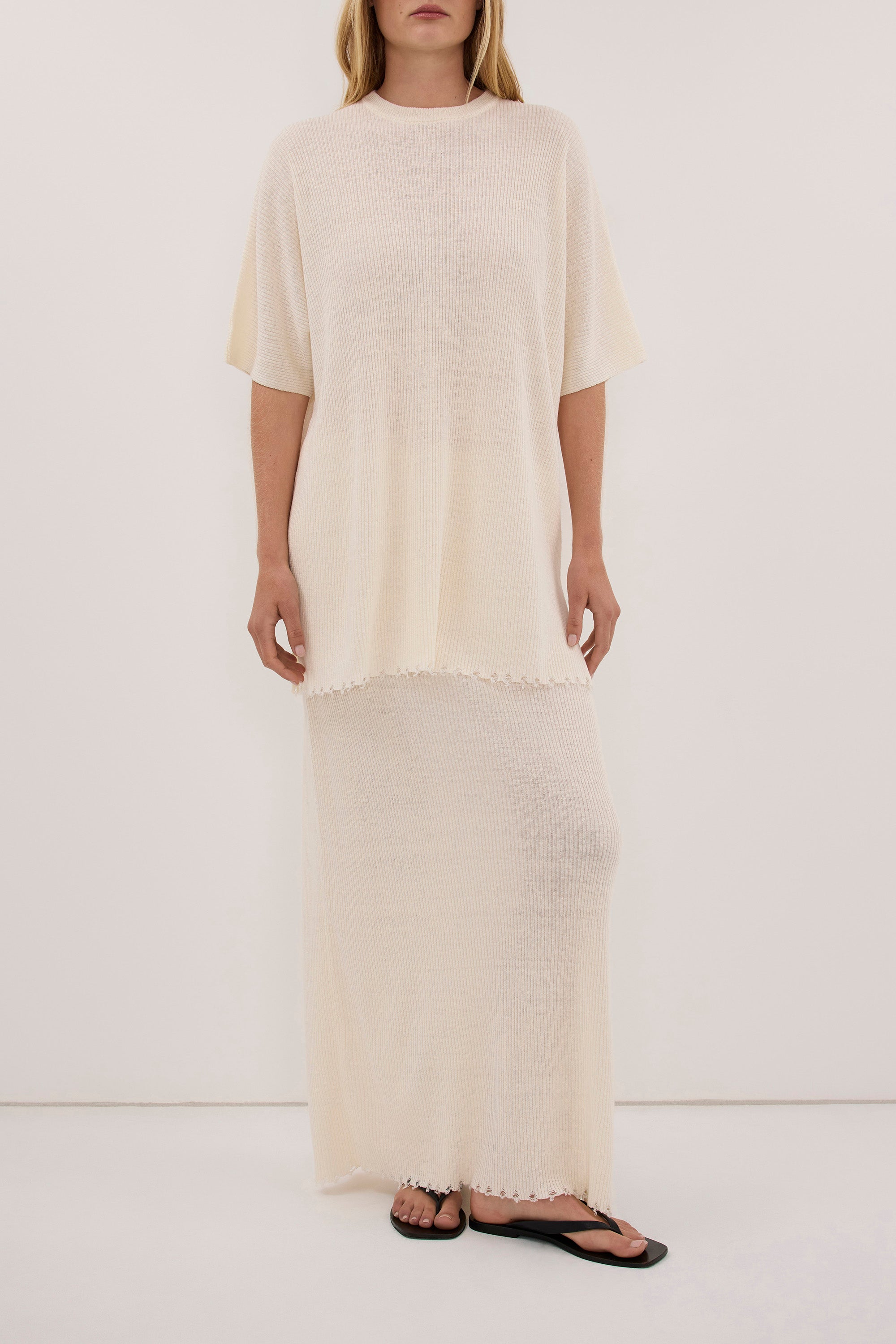 TEAGAN IVORY LINEN COLUMN MIDI SKIRT
