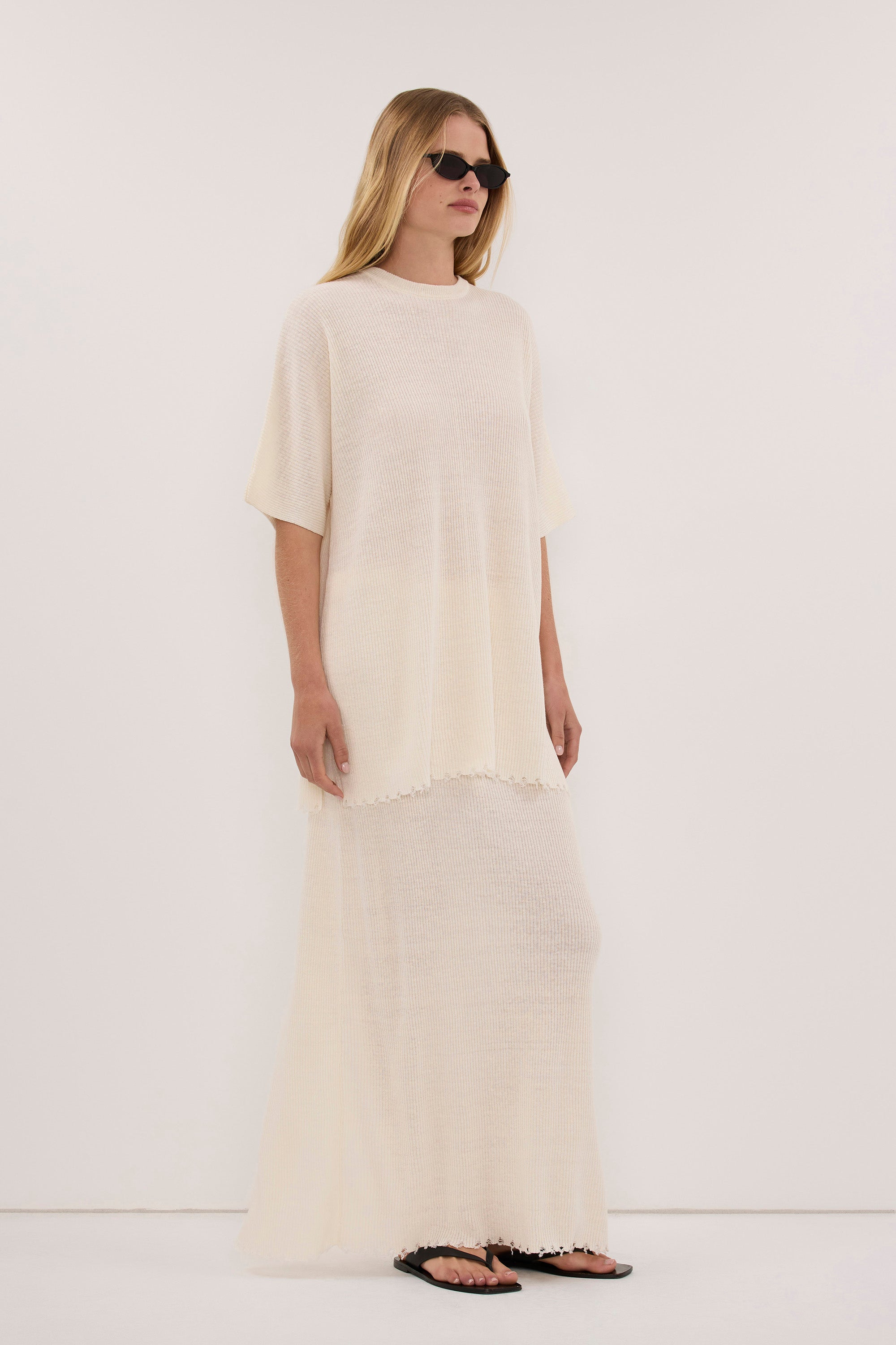 TEAGAN IVORY LINEN COLUMN MIDI SKIRT