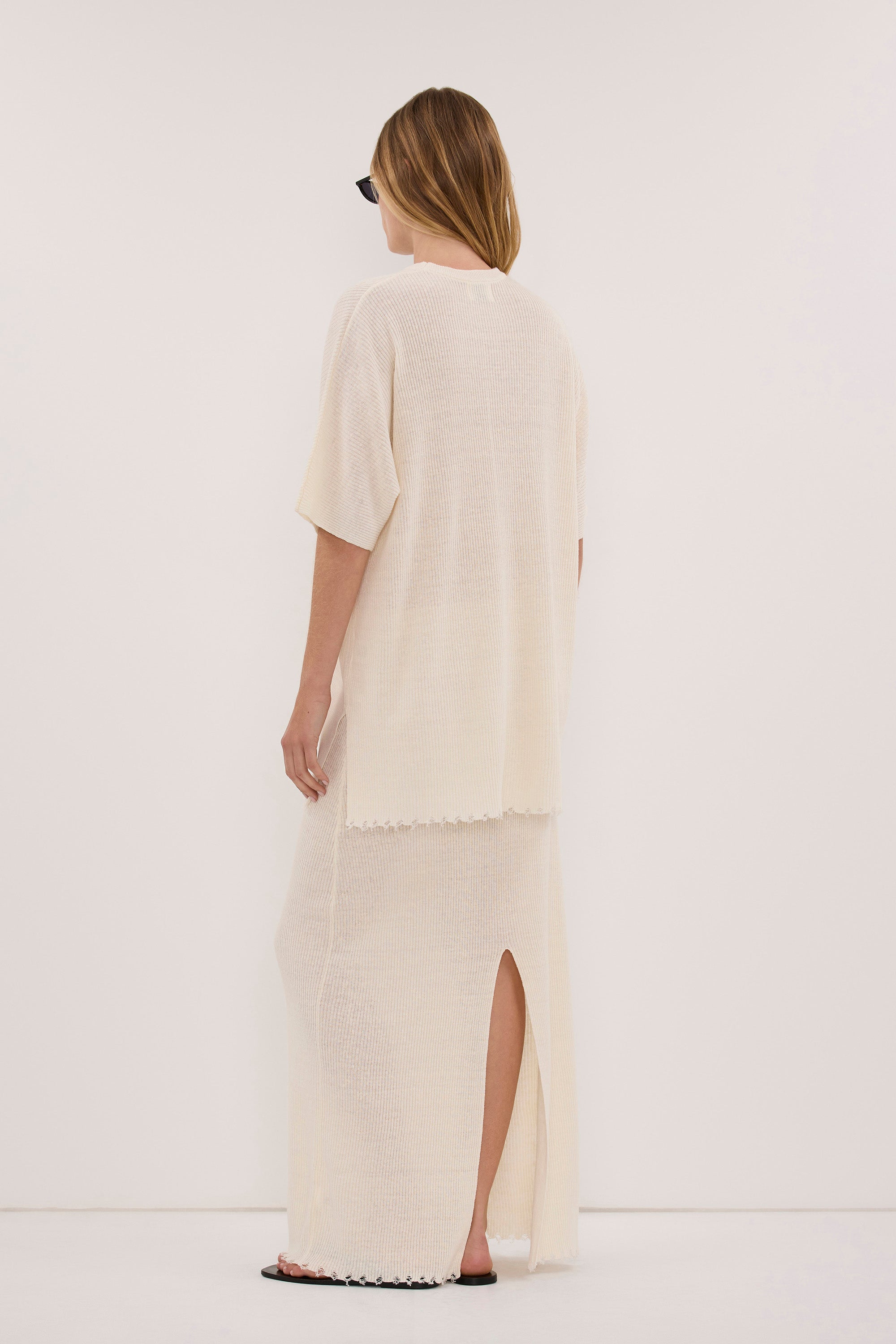TEAGAN IVORY LINEN COLUMN MIDI SKIRT