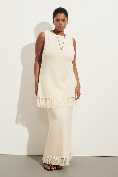Amanda wearing BENETTE NATURAL FRINGE COLUMN MAXI SKIRT