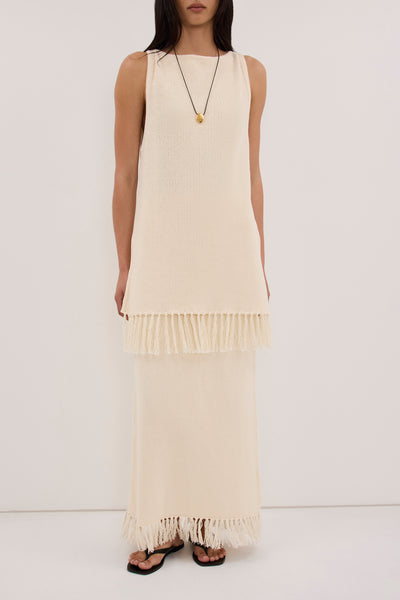 Zoey wearing BENETTE NATURAL FRINGE COLUMN MAXI SKIRT