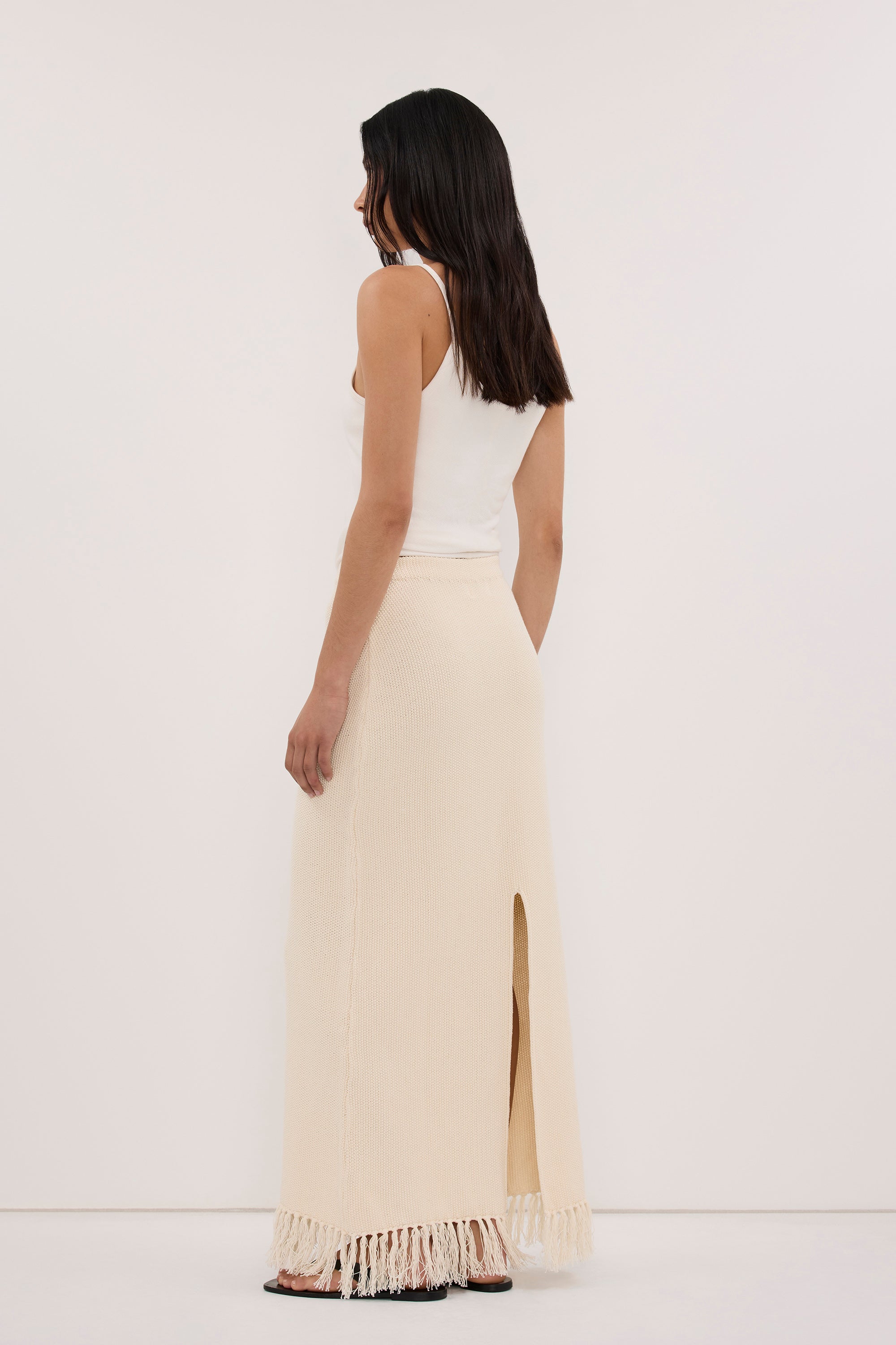 BENETTE NATURAL FRINGE COLUMN MAXI SKIRT
