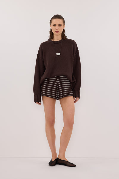 Stas wearing ASPEN CHOC STRIPE KNIT SHORT