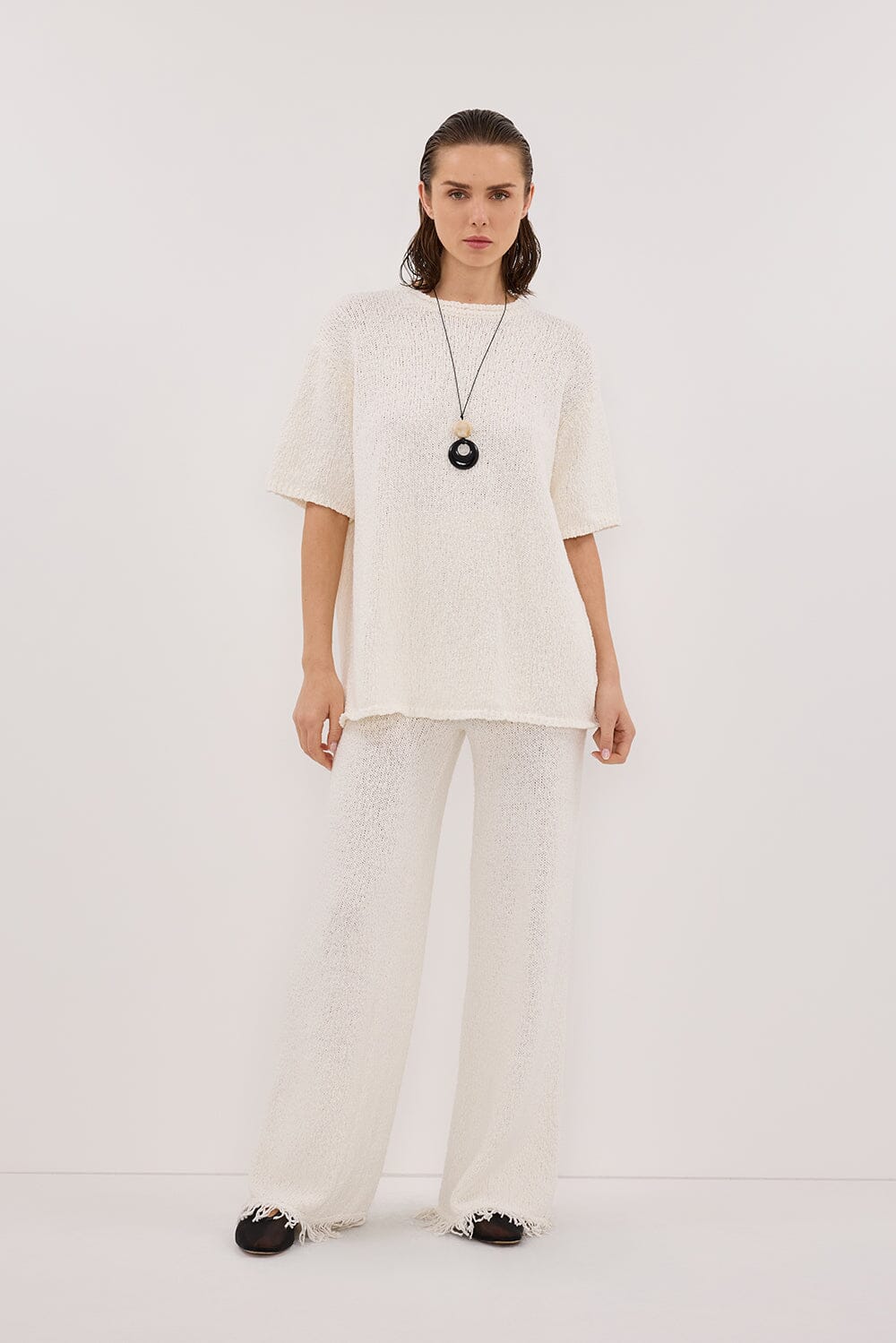 SUE OFF WHITE FRINGE KNIT PANT