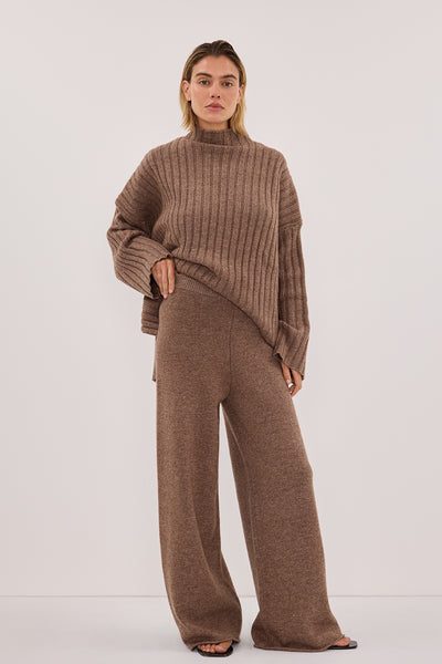 Stas wearing TUCSON MOCHA WIDE LEG KNIT PANT