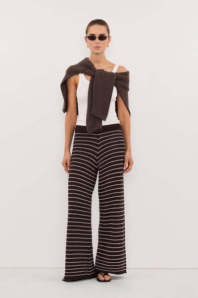 Stas wearing ASPEN CHOC STRIPE KNIT PANT