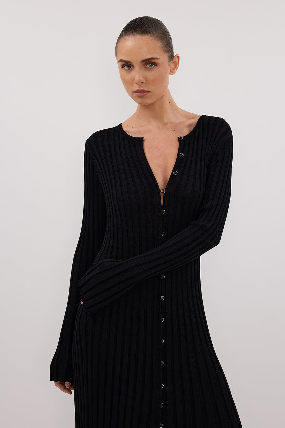 ALI BLACK LONG SLEEVE KNIT MIDI DRESS Clothing DISSH Boutiques 
