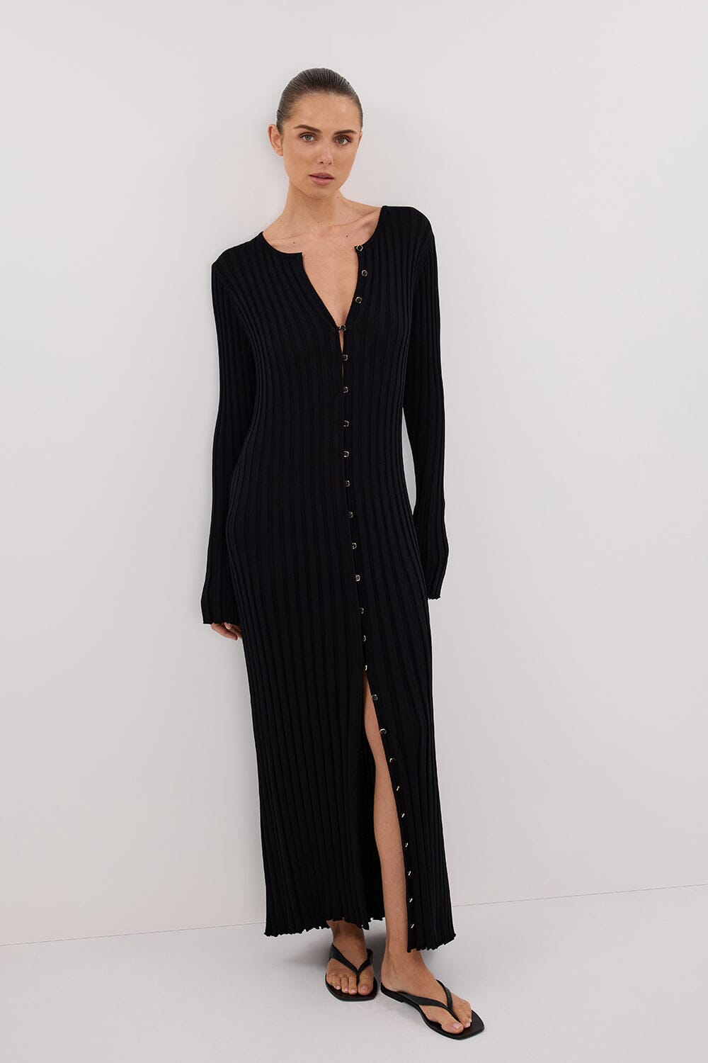 ALI BLACK LONG SLEEVE KNIT MIDI DRESS Clothing DISSH Boutiques 