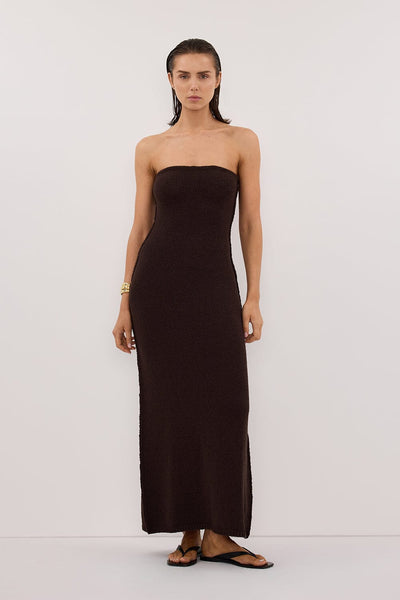 Stas wearing KARA CHOC STRAPLESS KNIT MIDI DRESS
