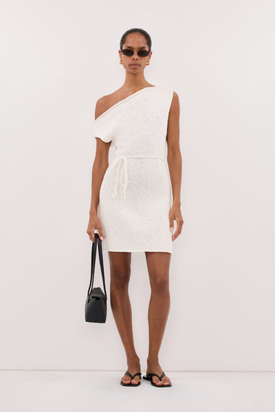 Kristen wearing DINA OFF WHITE ASYM KNIT MINI DRESS