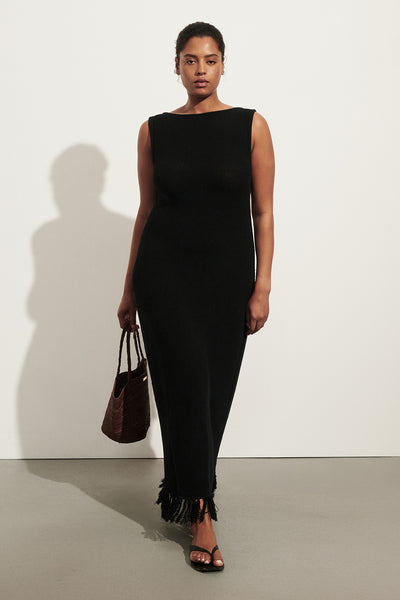 Amanda wearing BENETTE BLACK FRINGE MAXI DRESS