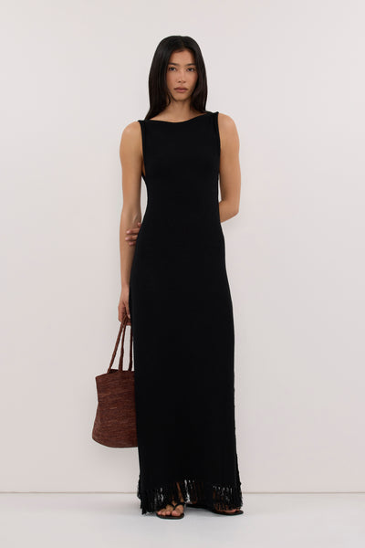 Zoey wearing BENETTE BLACK FRINGE MAXI DRESS
