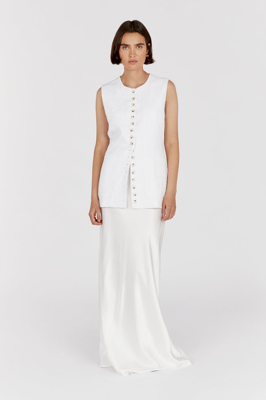 TILLY WHITE LINEN LONGLINE VEST Clothing DISSH Boutiques 