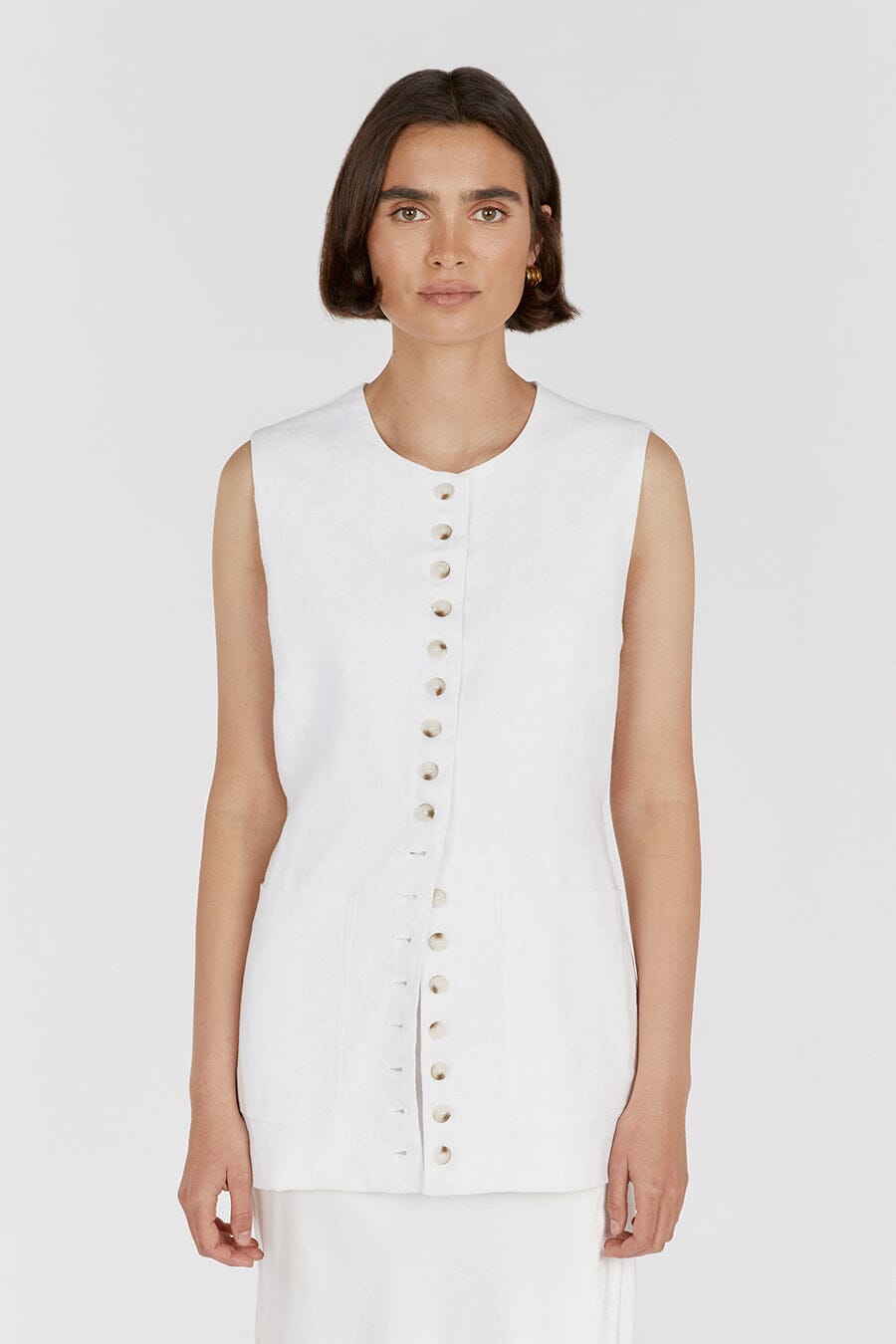 TILLY WHITE LINEN LONGLINE VEST Clothing DISSH Boutiques 
