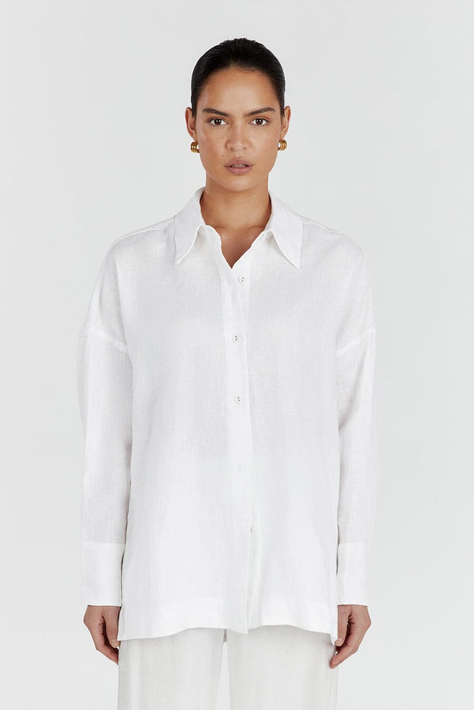 JOSIE WHITE LINEN LONG SLEEVE SHIRT | Dissh