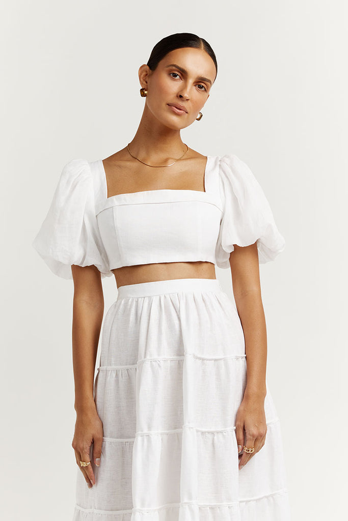 AISLE WHITE LINEN SLEEVED TOP | Dissh