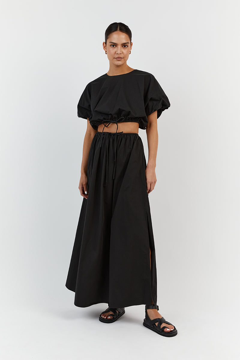 ELLA BLACK COTTON MIDI SKIRT Dissh