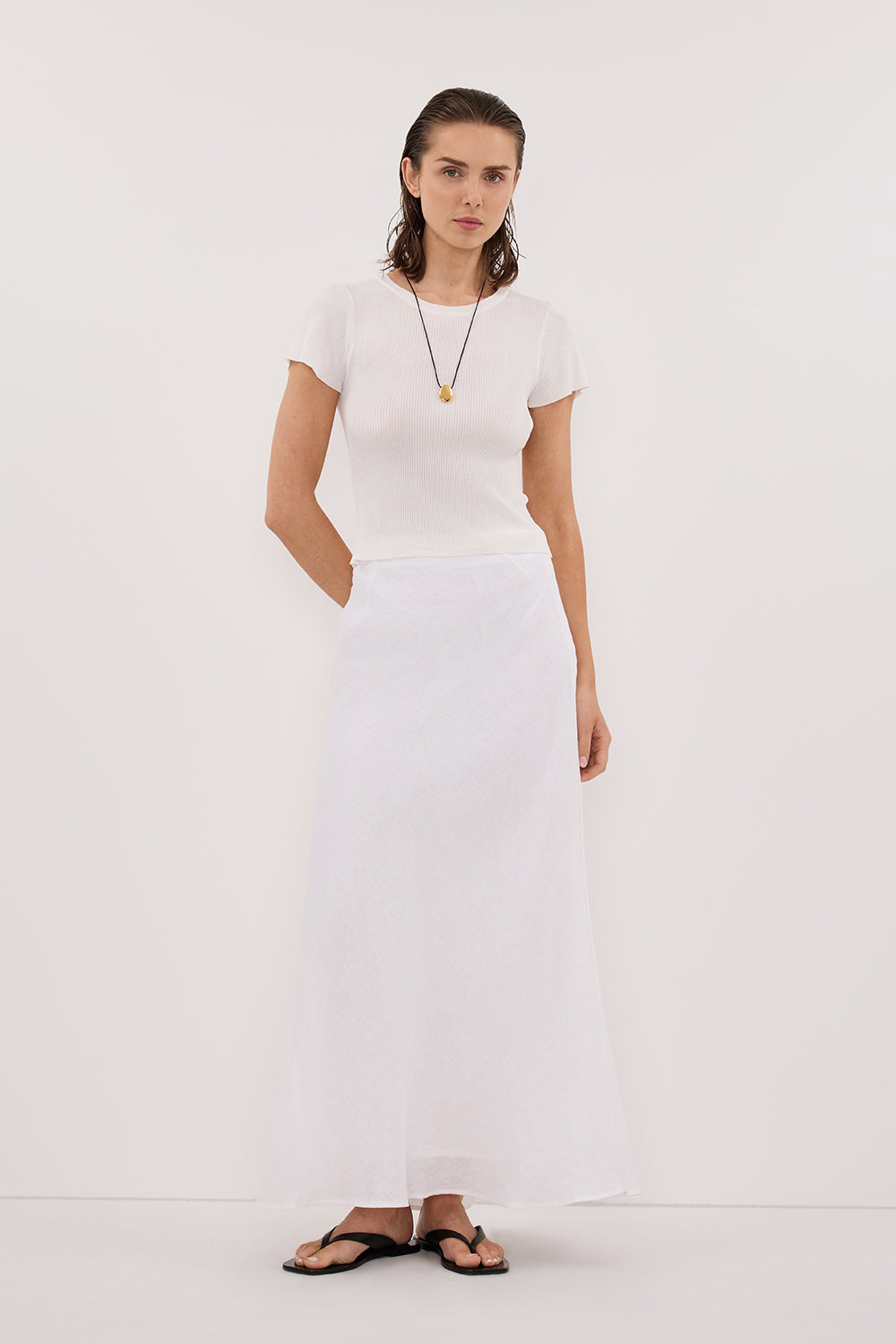 SYRAH WHITE LINEN MIDI SKIRT Clothing DISSH Boutiques 