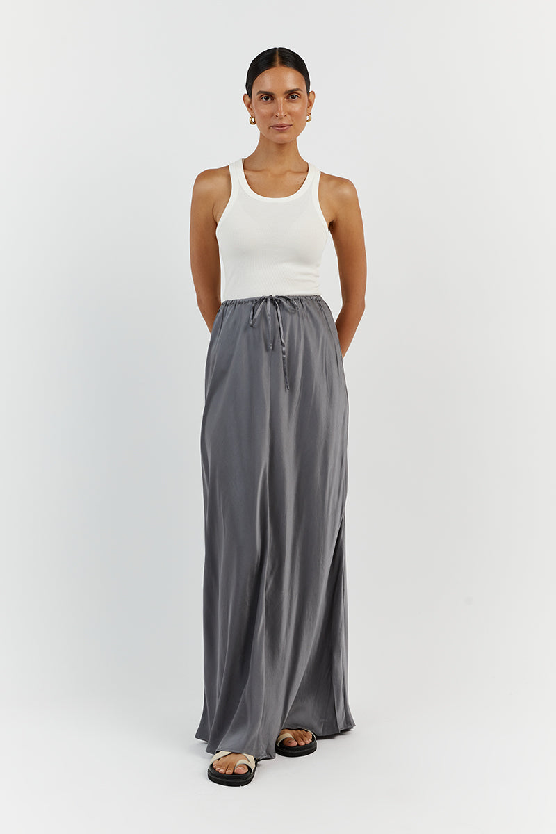 Grey silk hotsell midi skirt