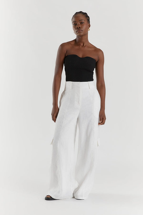 Anistyn High Waist Straight Leg Linen Trousers in White  Oh Polly