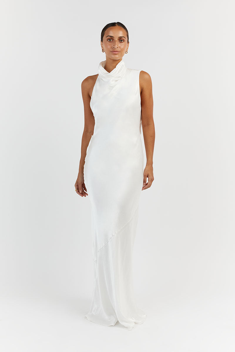 White Long A-line V-neck Satin Backless Wedding Dresses with Slit –  BIZTUNNEL