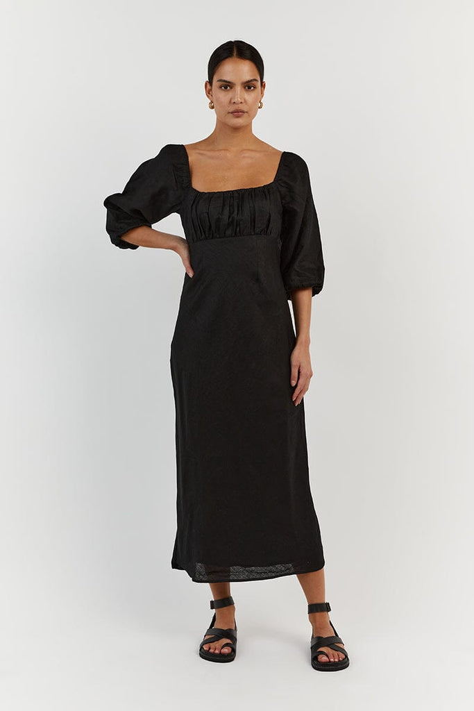 LILAH BLACK LINEN MIDI DRESS | Dissh