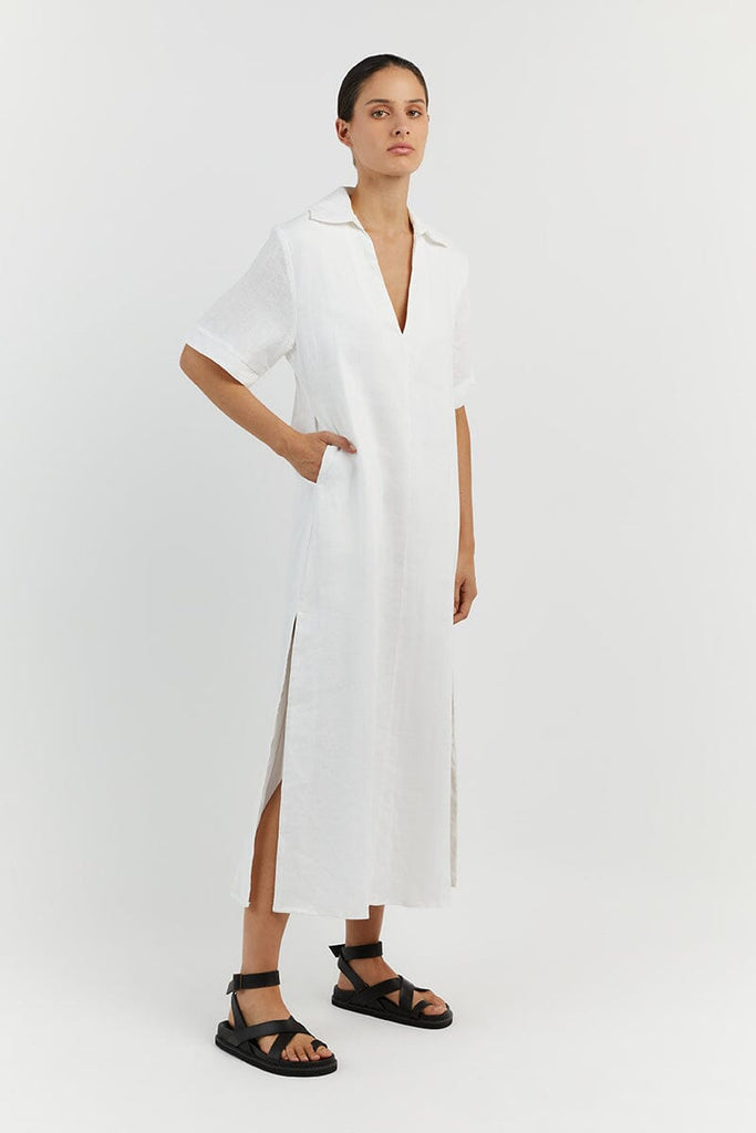 CANDICE WHITE LINEN MIDI DRESS | Dissh