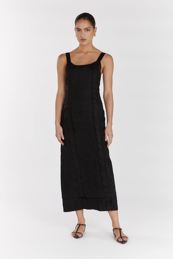 DULCE BLACK LINEN MIDI DRESS | Dissh