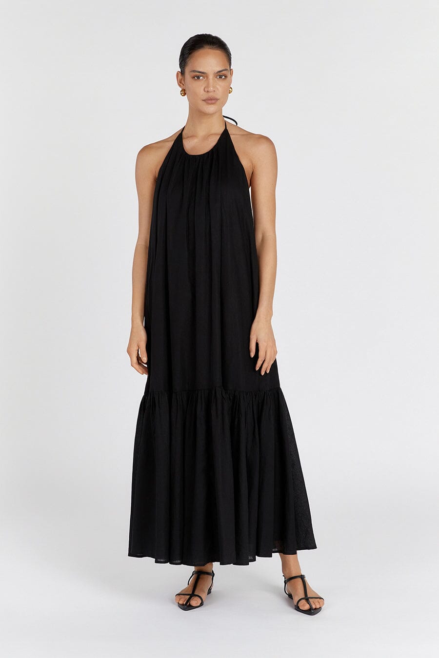 ARI BLACK LINEN HALTER MAXI DRESS Dissh