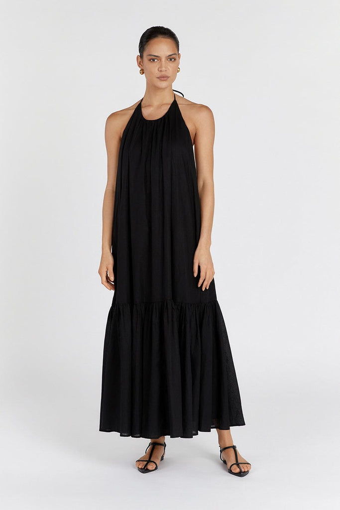 ARI BLACK LINEN HALTER MAXI DRESS | Dissh