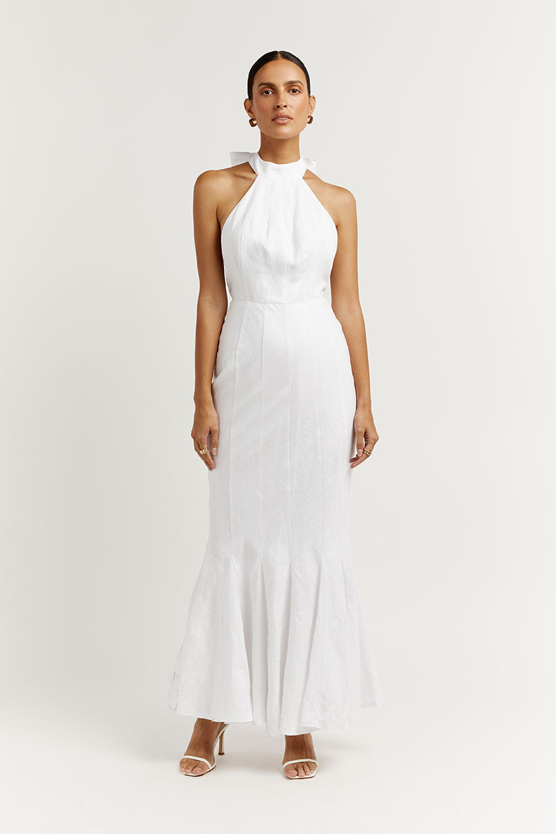AISLE WHITE LINEN HIGH NECK DRESS Clothing DISSH Boutiques 16 WHITE 