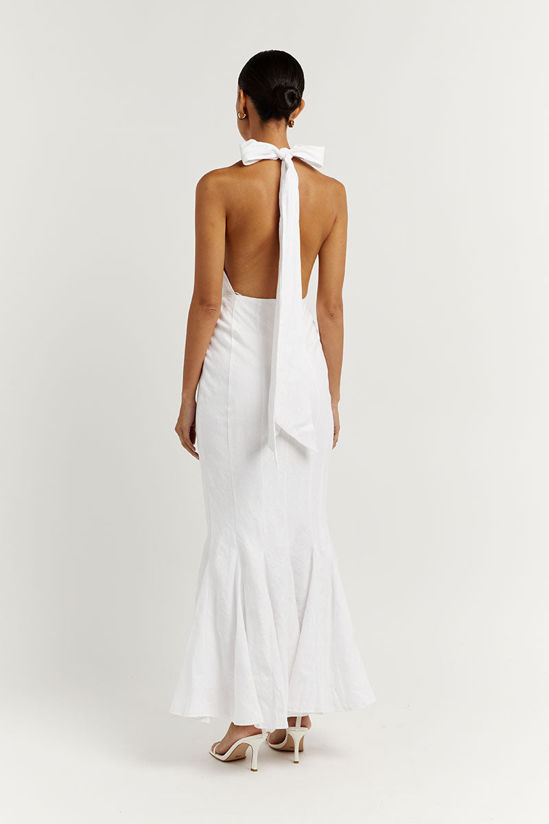 AISLE WHITE LINEN HIGH NECK DRESS Clothing DISSH Boutiques 