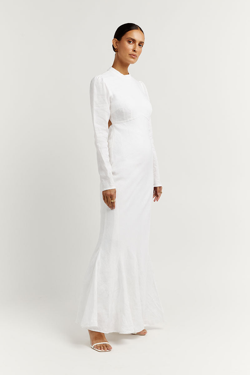 AISLE WHITE LINEN SLEEVE MIDI DRESS Clothing DISSH Boutiques 