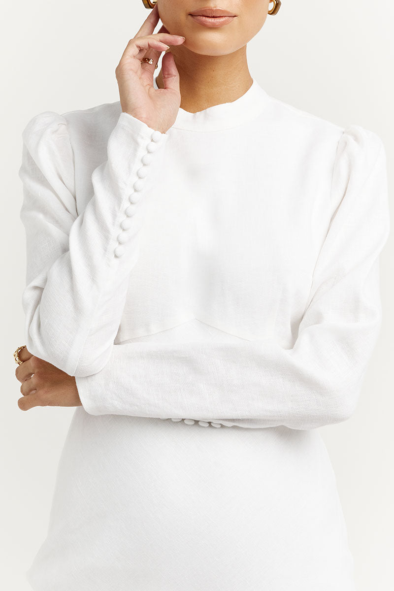 AISLE WHITE LINEN SLEEVE MIDI DRESS Clothing DISSH Boutiques 
