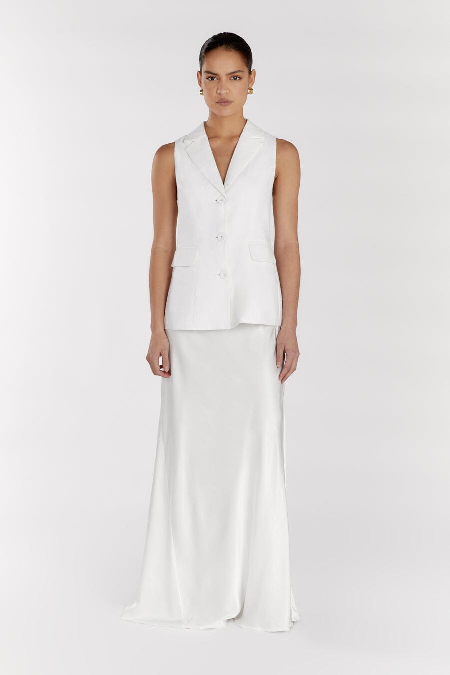KRISTIN WHITE LINEN LONGLINE VEST Clothing DISSH Boutiques 