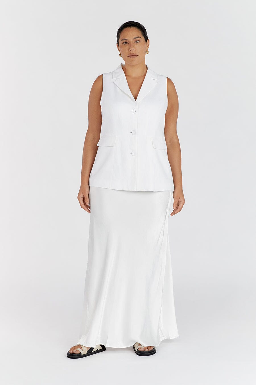 KRISTIN WHITE LINEN LONGLINE VEST Clothing DISSH Boutiques 
