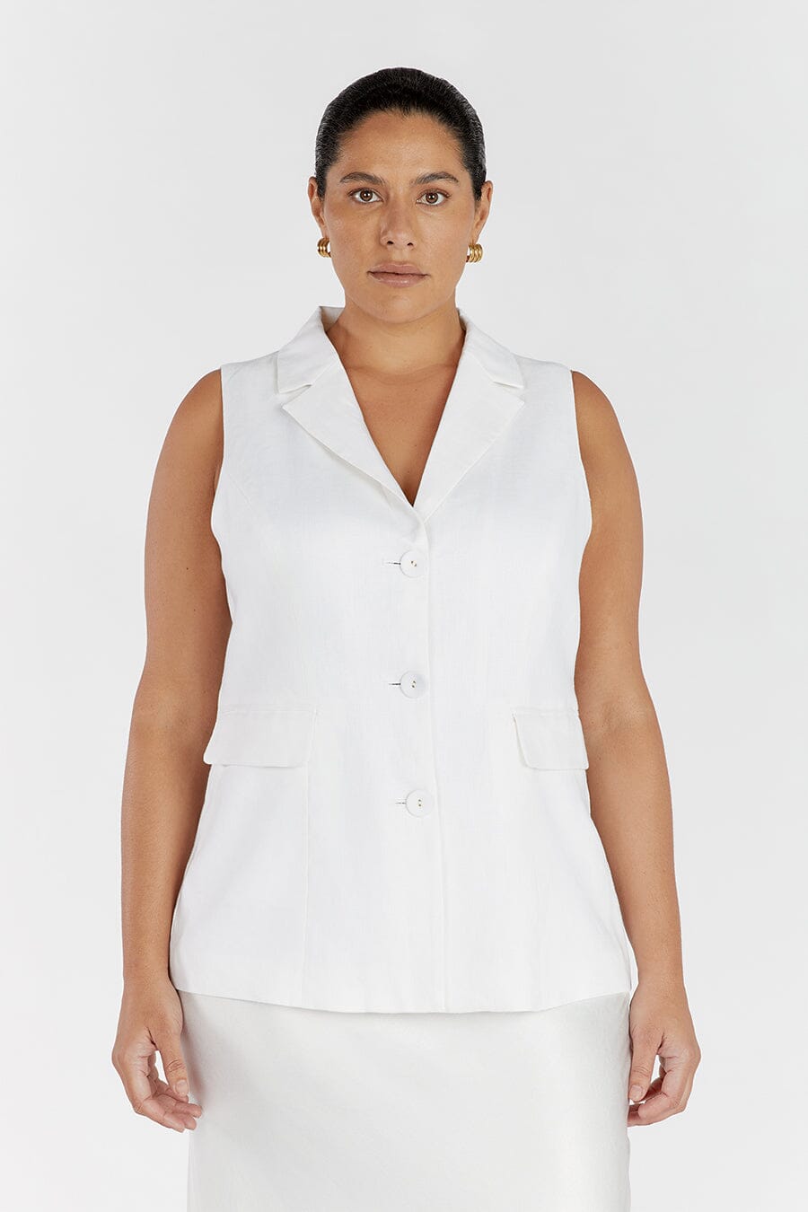 KRISTIN WHITE LINEN LONGLINE VEST Clothing DISSH Boutiques 